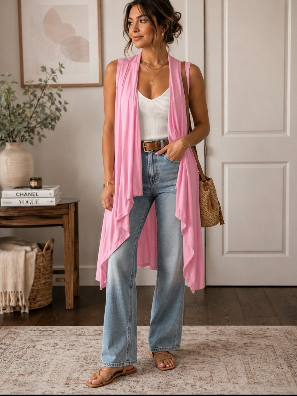 Pink Draped Sleeveless Vest medium. Layering. Waterfall. Stretchy. Soft.
